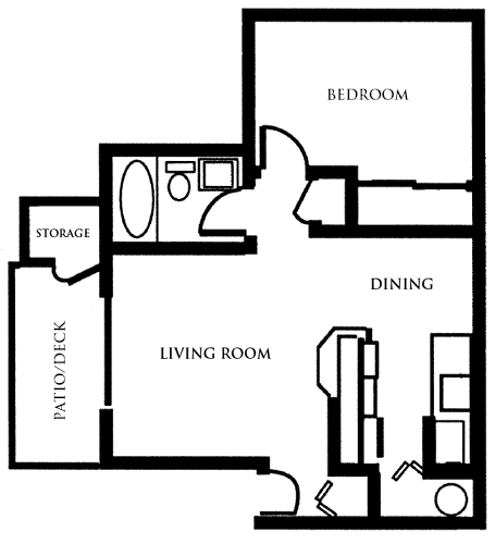 Floor Plan  A floor plan of a living space with a bedroom, dining area, and living room.
