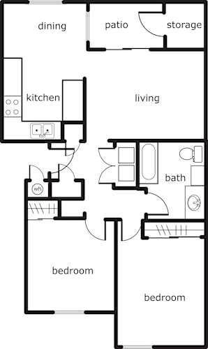 Floor Plan  A floor plan of a home with two bedrooms, a living room, a kitchen, a bathroom, a dining room, and a patio.