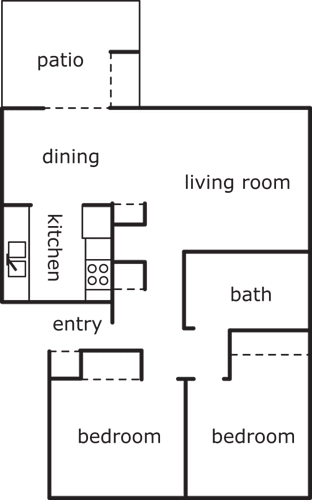 Floor Plan  A floor plan of a house with a patio, dining area, kitchen, living room, bathroom, and two bedrooms.