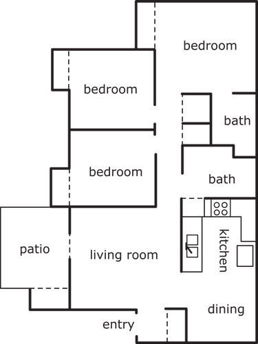 Floor Plan  A floor plan of a house with three bedrooms, a living room, a kitchen, a dining area, a bath, and a patio.