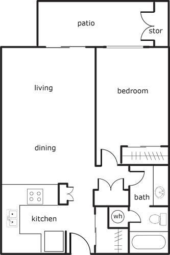 Floor Plan  A floor plan of a house with a kitchen, living room, dining room, bedroom, bathroom, and patio.