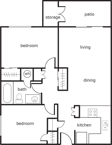 Floor Plan  A floor plan of a house with a living room, two bedrooms, a kitchen, a bathroom, a storage area, and a patio.