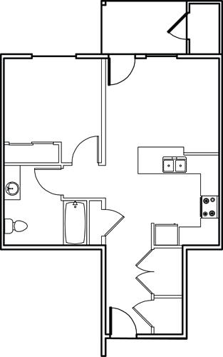 Floor Plan  A floor plan of a house with a kitchen, living room, and two bedrooms.