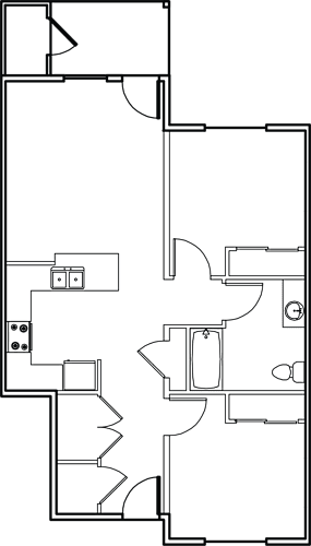 Floor Plan  A floor plan of a house with a kitchen, living room, and two bedrooms.