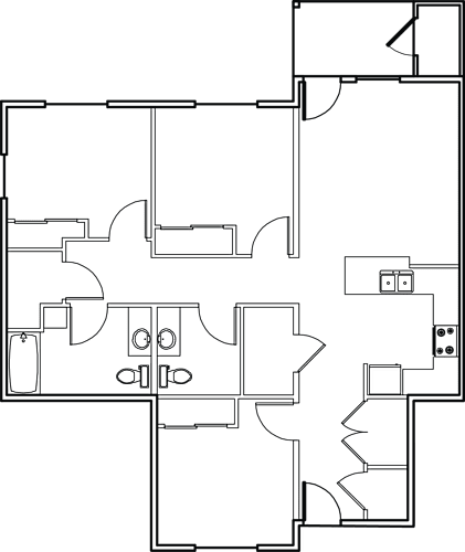 Floor Plan  A floor plan of a house with a kitchen, living room, and two bedrooms.