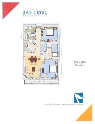 Floor Plan  A floor plan for a condo unit at Bay Cove shows a kitchen, living room, and bathroom.