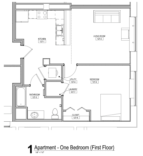 Floor Plan  A floor plan of a one bedroom apartment on the first floor.
