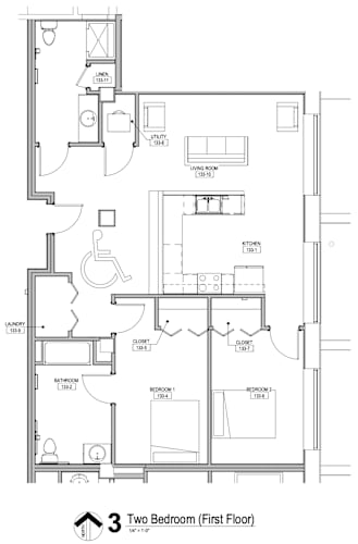 Floor Plan  A floor plan of a two bedroom apartment on the first floor.