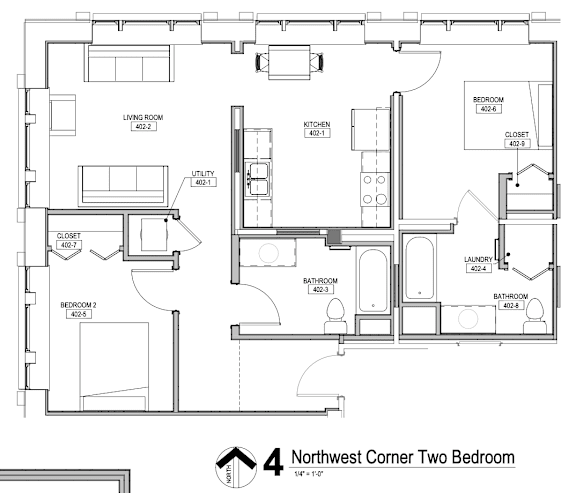 Floor Plan  A black and white image of a Northwest Corner Two Bedroom apartment layout.