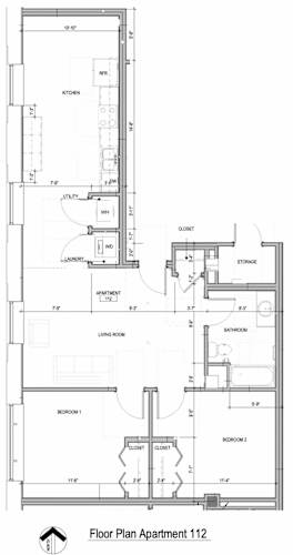 Floor Plan  A black and white image of a floor plan for apartment 112.