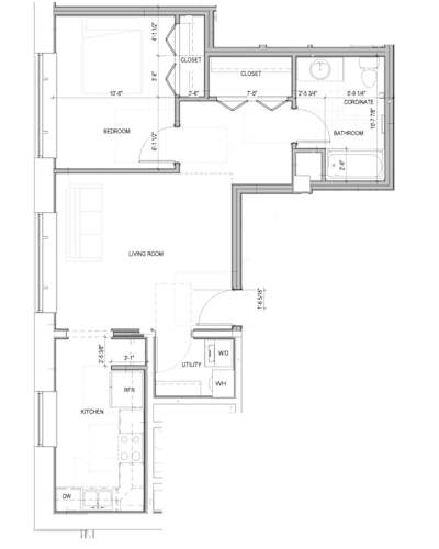 Floor Plan  A floor plan of a house with a living room, kitchen, bedroom, bathroom and closet.