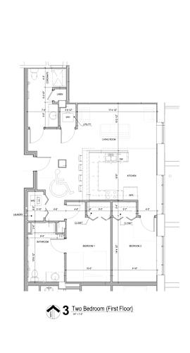 Floor Plan  A drawing of a two bedroom first floor apartment.