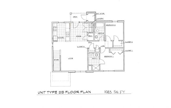 Floor Plan  A floor plan of a unit type 2B with dimensions 1035 square feet.