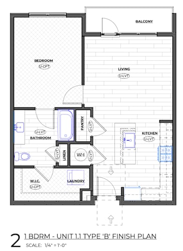 Floor Plan  A floor plan of a 1 bedroom, 1 bathroom unit.