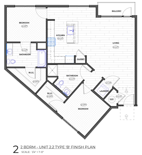 Floor Plan  A floor plan of a 2 bedroom, 2 bathroom apartment with a balcony.