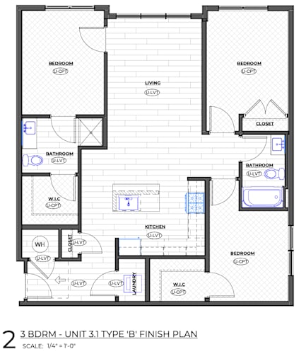 Floor Plan  A floor plan of a 2 bedroom, 3 bathroom apartment.