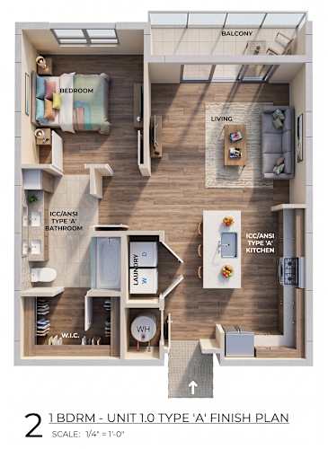 Floor Plan  A 1 Bedroom Unit 10 Type A finish plan with a living room, bedroom, kitchen, and bathroom.