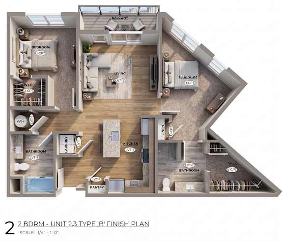 Floor Plan  A 2 BDRM - UNIT 2.3 TYPE B' FINISH PLAN showing the layout of a 1/4"=1'-0" scale model.