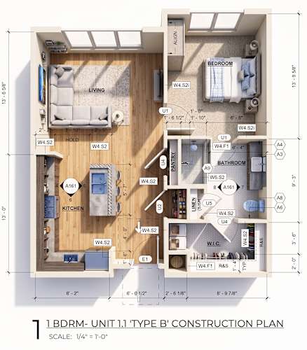 Floor Plan  A detailed 1:4 scale floor plan of a Type B construction.