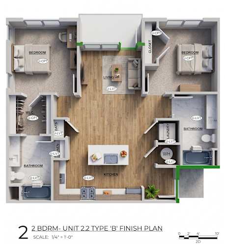 Floor Plan  A 2 BDRM- UNIT 2.2 TYPE 'B' FINISH PLAN with a scale of 1/4" = 1'-0".