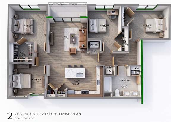Floor Plan  A 3D floor plan of a 3 bedroom, 3 bathroom apartment.