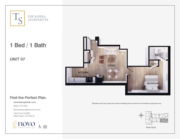 Floor Plan  A drawing of a one bedroom apartment is shown.
