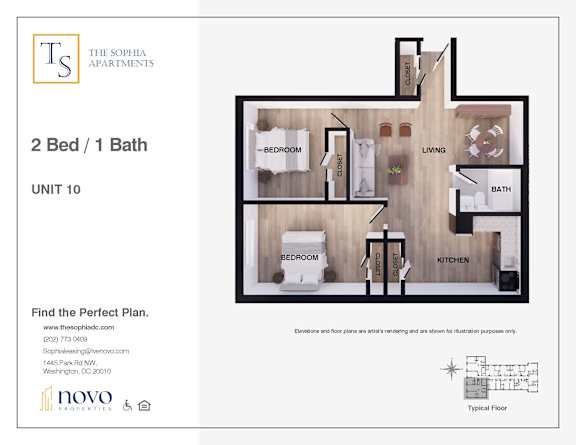 Floor Plan  A drawing of a 2 Bed/1 Bath apartment unit with a detailed floor plan.