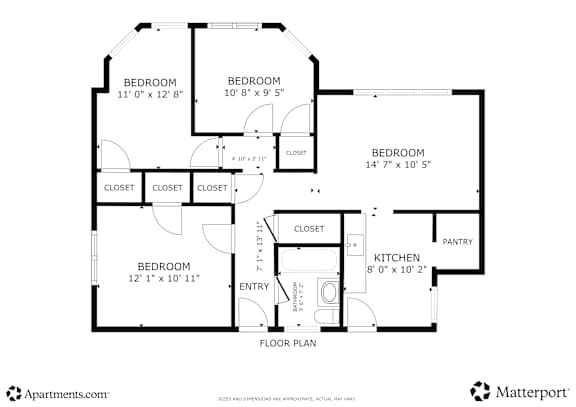Floor Plan  A floor plan of an apartment with four bedrooms and a pantry.