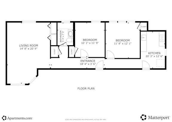 Floor Plan  A floor plan for an apartment with a living room, two bedrooms, a kitchen, and an entrance.