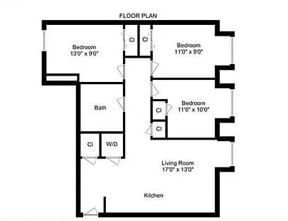 Floor Plan  A black and white floor plan of a house with labeled rooms.