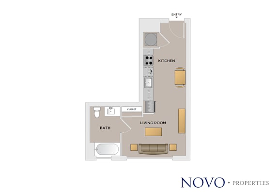 Floor Plan  A floor plan of a small apartment with a living room, kitchen, and bathroom.