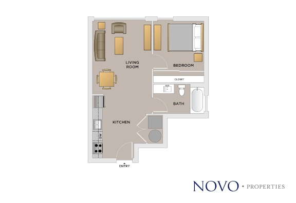 Floor Plan  A floor plan of a living space with a living room, kitchen, bathroom and bedroom.