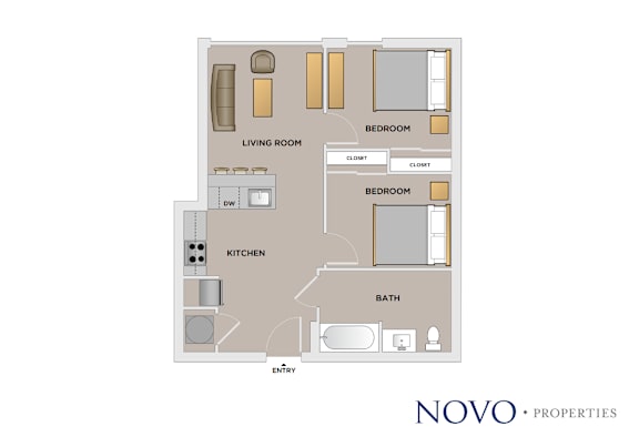 Floor Plan  A floor plan of a property with a living room, two bedrooms, a kitchen, and a bathroom.