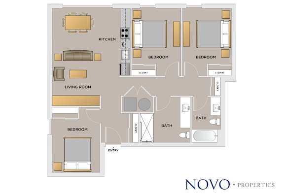 Floor Plan  A floor plan of a living space with a living room, kitchen, and three bedrooms.