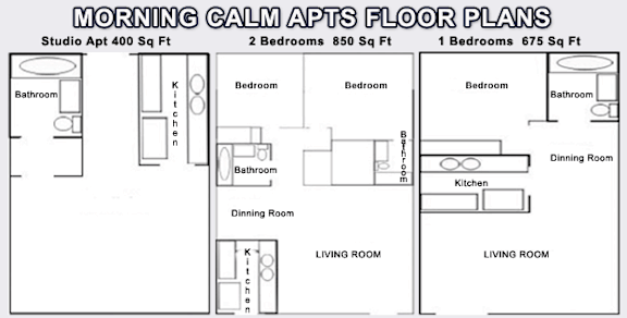 Floor Plan  A set of three floor plans for apartment layouts ranging from 400 to 675 square feet.
