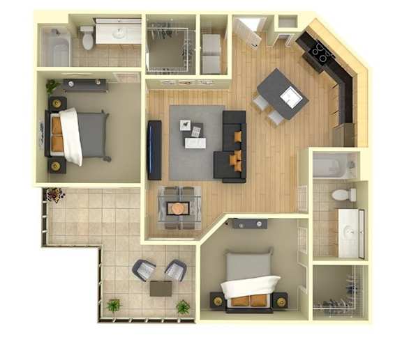 Floor Plan  A top-down view of a house layout with a living room, kitchen, and bathroom.