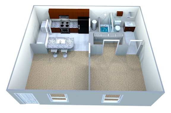 Floor Plan  A 3D image of a small apartment with a bedroom, living room, and kitchen.