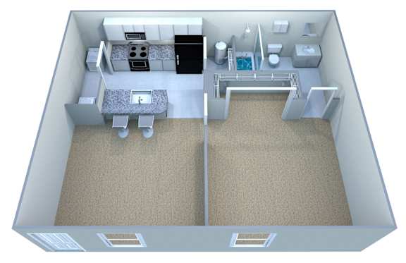 Floor Plan  A 3D image of a house layout with a kitchen, living room, and two bedrooms.