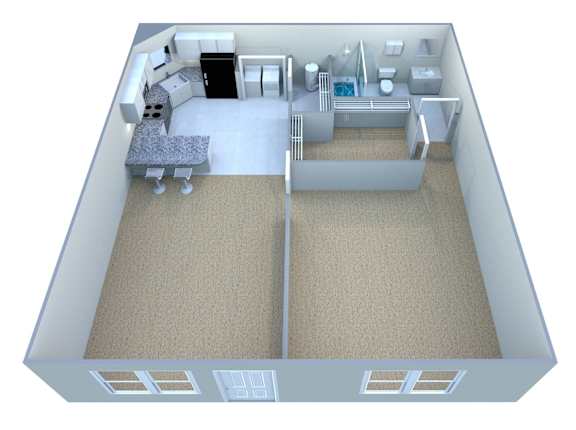 Floor Plan  A 3D image of a house layout with two bedrooms, a living room, a kitchen, and a bathroom.