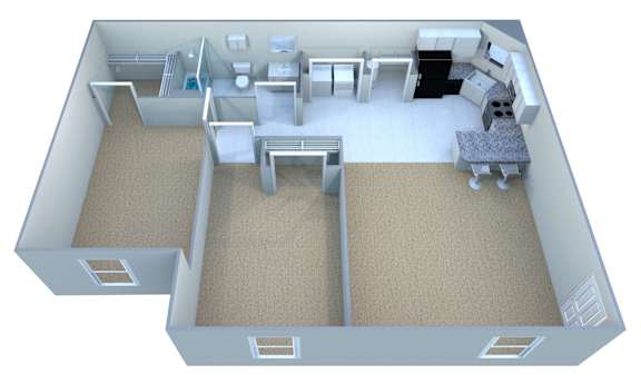 Floor Plan  A 3D image of a house layout with a kitchen, living room, and bathroom.