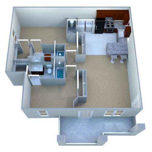 Floor Plan  A 3D rendered image of a small apartment layout.