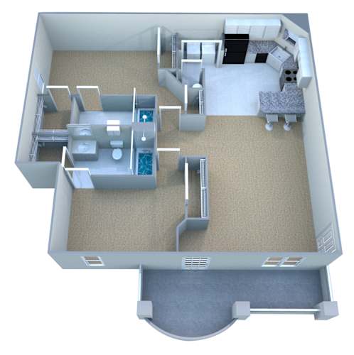 Floor Plan  A 3D rendered image of a house layout.
