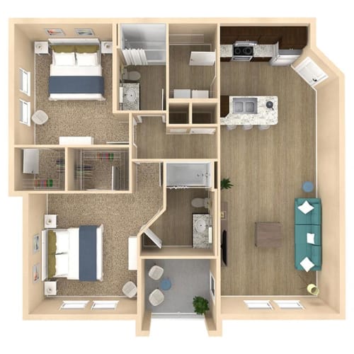 Floor Plan  2 bed 2 bath Palm floor plan with 1133 square feet at The Oasis at Crosstown, Orlando, FL, 32807
