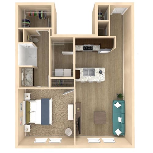 Floor Plan  1 bed 1 bath Serenity floor plan with 820 square feet at The Oasis at Crosstown, Orlando, Florida