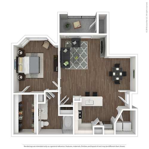 Floor Plan  A2 3D floor plan furnished, 1 bed, 1 bath, A1 3D floor plan furnished. 1 bed, 1 bath, Asheville at Spring Branch in Houston, TX