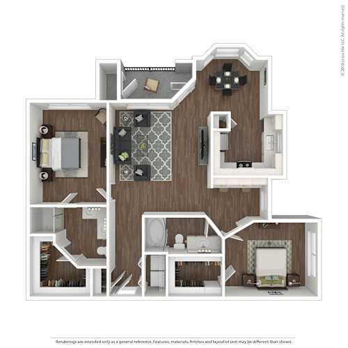 Floor Plan  B3 3D floor plan furnished, 2 bed, 2 bath, A1 3D floor plan furnished. 1 bed, 1 bath, Asheville at Spring Branch in Houston, TX