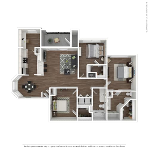 Floor Plan  C1 3D floor plan furnished, 3 bed, 2 bath, A1 3D floor plan furnished. 1 bed, 1 bath, Asheville at Spring Branch in Houston, TX