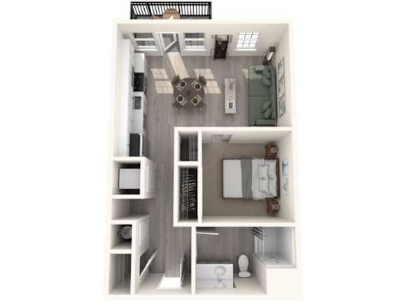 Floor Plan  A drawing of a small apartment with a kitchen, living room, and bathroom.
