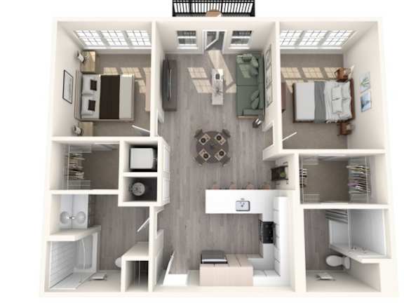 Floor Plan  A 3D rendering of a small, efficient apartment layout.
