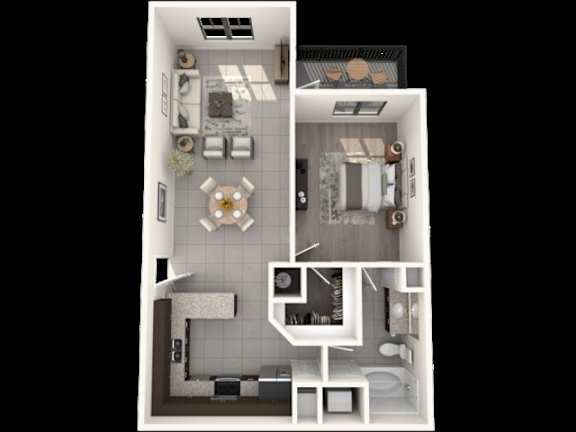 Floor Plan  A 3D floor plan of a house with a kitchen, living room, dining room, and bathroom.